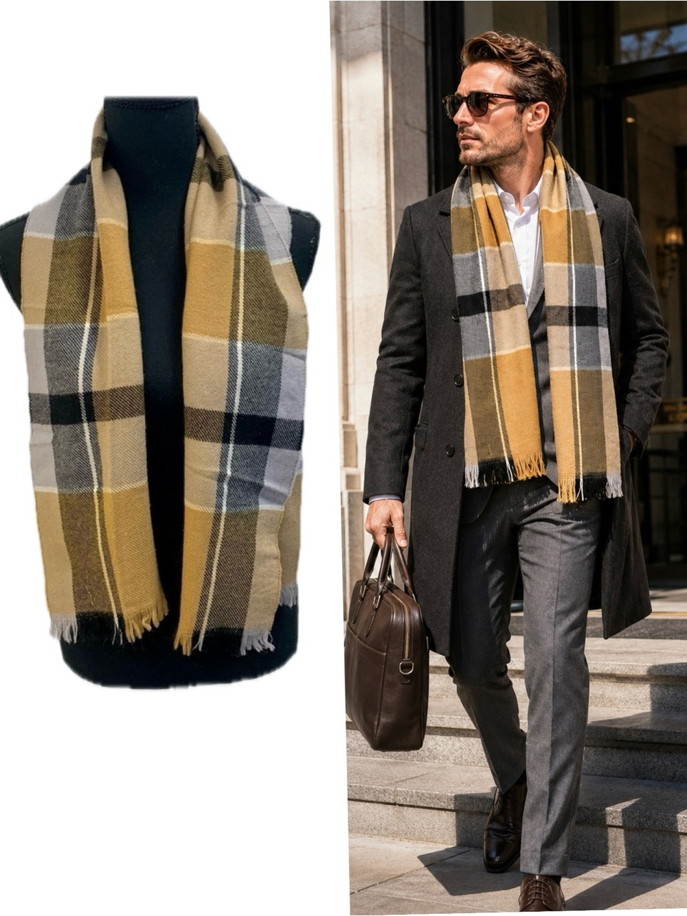 CAMEL brown gray black plaid check unisex fall winter wool scarf🔥